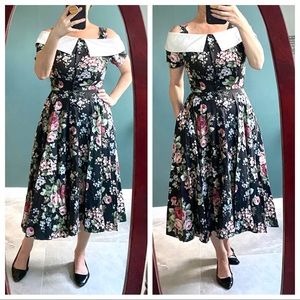 DAWN JOY floral dress midi vintage 80s POCKETS button down cottagecore print